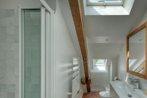 une salle de bain avec une douche, un lavabo et un miroir dans l'établissement Les Robinsons de Versailles, central et verdoyant, à Versailles
