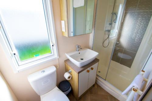 a bathroom with a toilet and a sink and a shower at SBL48 Camber Sands Holiday Park in Camber