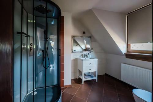a bathroom with a shower and a sink at Dom mazurski z basenem in Rydzewo