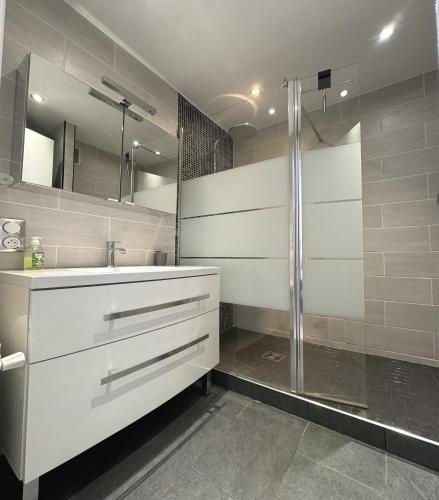 une salle de bain avec douche et lavabo dans l'établissement Charming 2 room , 52 m2, very spacious, bright and near sea Martinez hotel, à Cannes