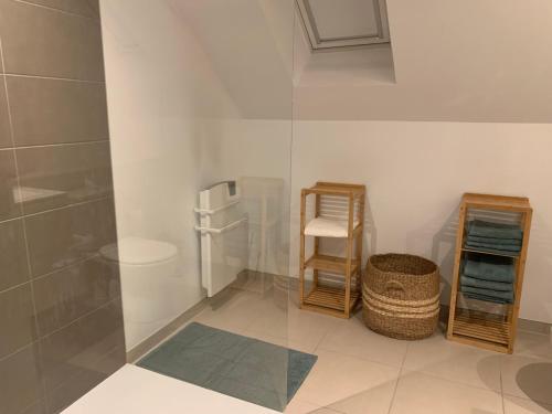 une salle de bain avec toilettes et douche en verre dans l'établissement Chez rose, à Brive-la-Gaillarde