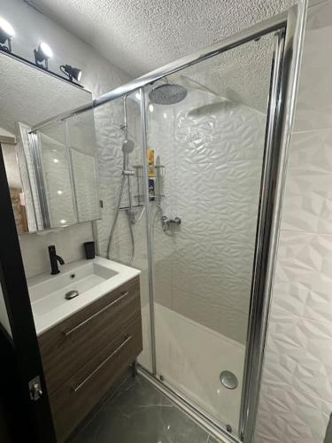une salle de bain avec douche et lavabo dans l'établissement Appartement tout équipé au cœur du village, à Fayence