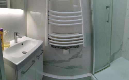 une salle de bain avec un lavabo et une douche avec une pile d'assiettes dans l'établissement Paris 12e, à Paris