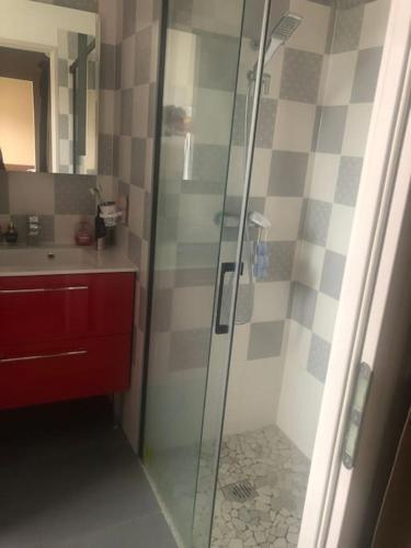 une salle de bain avec une douche en verre avec un lavabo dans l'établissement Maison piscine proche Bordeaux, à Pompignac