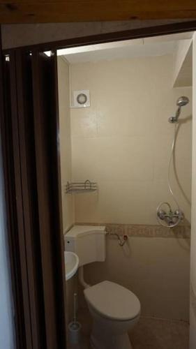 a bathroom with a white toilet and a sink at Forest house in Varna City