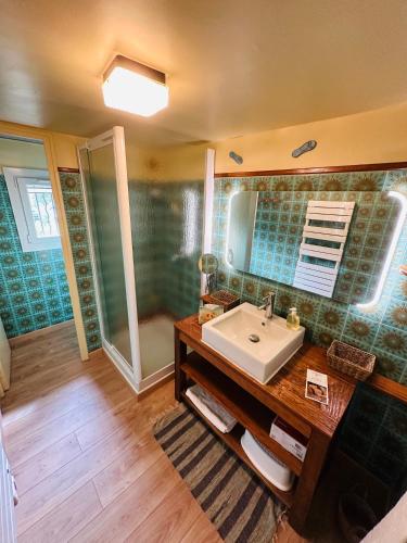 une salle de bain avec un lavabo et une douche dans l'établissement Grande maison de vacances jusqu'à 15 personnes, à quelques pas d'Aix-en-Provence, à Aix-en-Provence