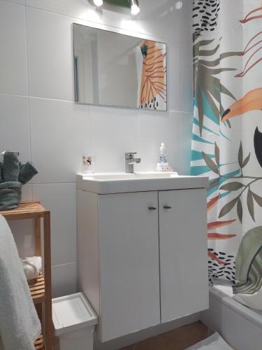 une salle de bain avec un lavabo blanc et un miroir dans l'établissement Chambres d'Hôtes Béziers, à Béziers