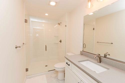 a bathroom with a shower and a toilet and a sink at Canalfront, water views, wild horses! 4x512, No Bad Days in Knotts Island
