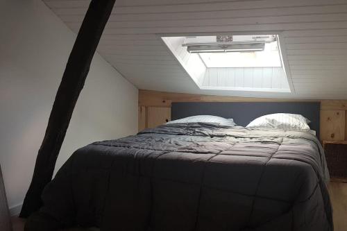 une chambre avec un grand lit avec une lucarne dans l'établissement Au Cœur De Limoges, à Limoges