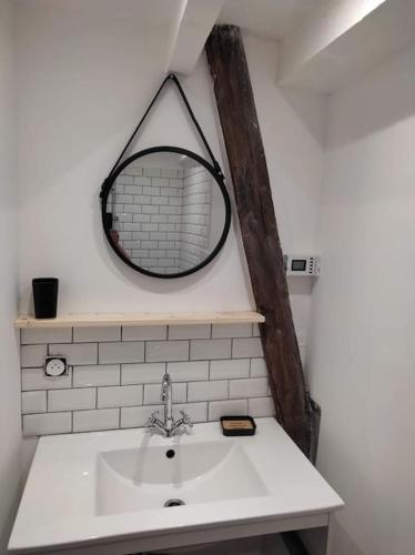 une salle de bain avec un lavabo et un miroir au mur dans l'établissement Au Cœur De Limoges, à Limoges