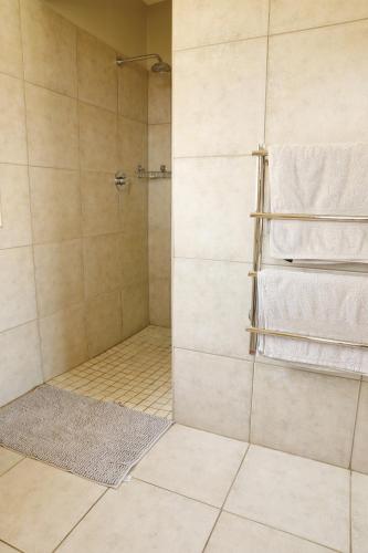 a bathroom with a shower with a towel rack at Shiloh Cottage in Champagne Valley