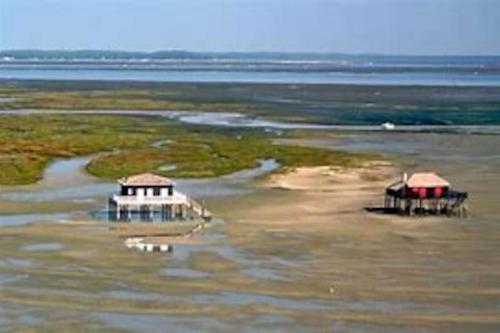 two buildings in the middle of a body of water at Appartement agreable sur le bassin d'arcachon in Gujan-Mestras