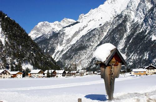 a birdhouse in the snow in front of a mountain at Haus Monika in Scharnitz