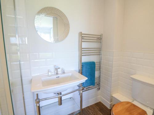 Un baño blanco con lavabo y espejo. en Cysgod Y Garn, en Newport