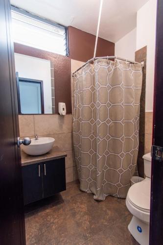 a bathroom with a shower with a sink and a toilet at Hotel el Marqués in Santo Domingo de los Colorados