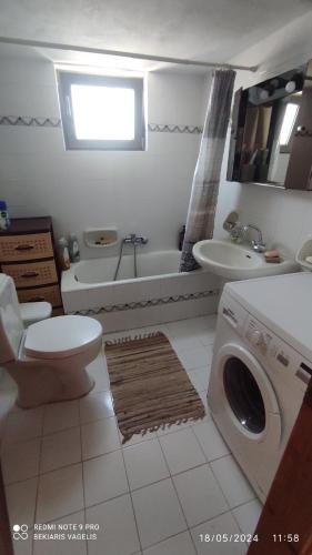 a bathroom with a toilet a sink and a washing machine at Traditional village house in Kleió
