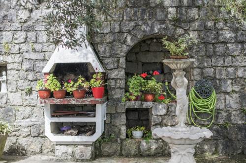 a garden with potted plants and a stone wall at Villa Terrazza in Donji Morinj