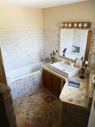 une salle de bain avec un lavabo, une baignoire et un miroir dans l'établissement La Colline, villa avec piscine, à Châteaurenard