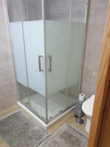 a shower stall in a bathroom with a toilet at A Nossa Casinha in Arcos de Valdevez