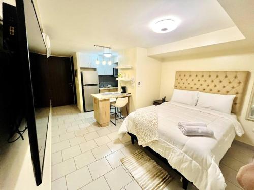 une chambre avec un grand lit et une cuisine dans l'établissement Stylish & Cozy Studio Apartment, à Tegucigalpa