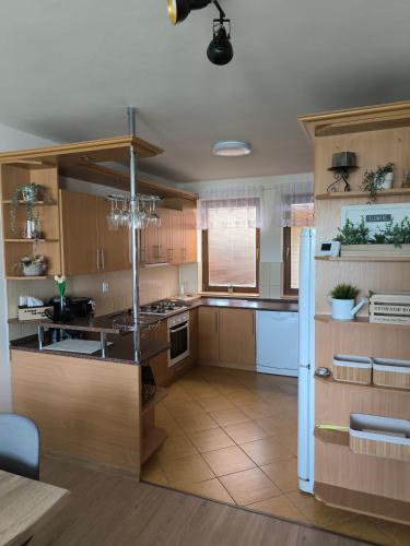 a large kitchen with wooden cabinets and white appliances at Apartmán Vendelínka in Valtice