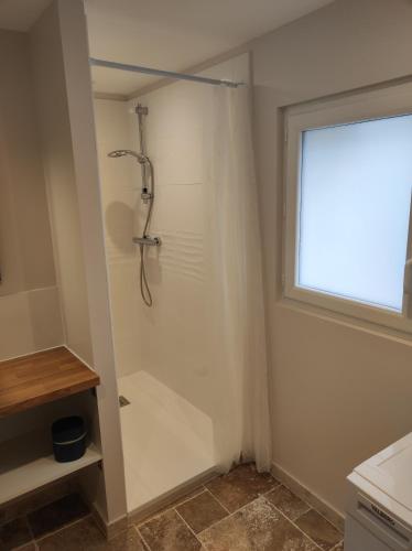 une cabine de douche dans une salle de bain avec une fenêtre dans l'établissement Les Gîtes du Lac - L'Ecurie - Maison 2 chambres 60m2 - Proche Nantes avec Terrasse, à La Chevrolière