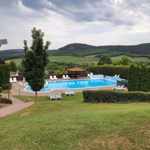 a large swimming pool with chairs and a gazebo at Wellness Park Apartman in Dunaszentmiklós