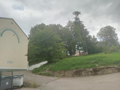 a grassy hill next to a church with a tree at Villa Arc en Ciel et clé des champs in Contrexéville