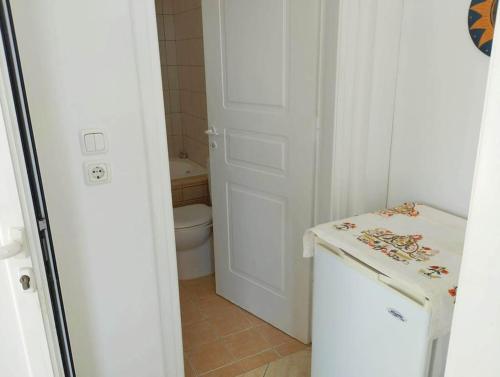 a bathroom with a toilet and a white door at Villa Helen in ayios Petros