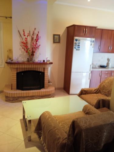 a living room with a couch and a fireplace at Katerina house in Akritokhórion