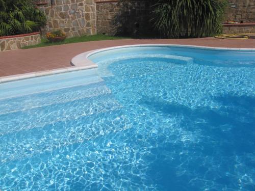 a swimming pool with blue water in a yard at Residenza Panoramica Villa Carmela in Rocca Cilento
