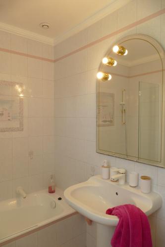 une salle de bain avec un lavabo, une baignoire et un miroir dans l'établissement Villa Alessia, à Antibes