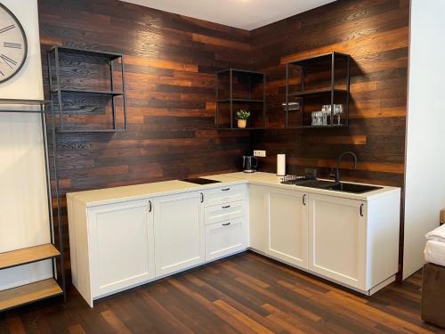 Kuchyň nebo kuchyňský kout v ubytování Apartmány Hrázní
