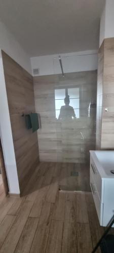 a man is standing in an empty room with a window at Apartament Nova Kamienica 1 in Łagów