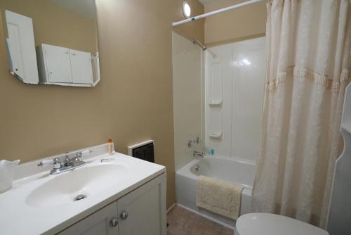 a bathroom with a sink and a shower curtain at Extended Stays by Lee House Inn in Maysville