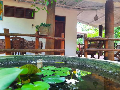 a pond with green lilies in a yard at Batu's Safari lodge Udawalawe in Udawalawe