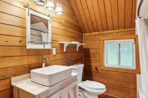 a bathroom with a toilet and a sink and a mirror at Lost Horse Lodge Double Queen Cabin 14 in Darby