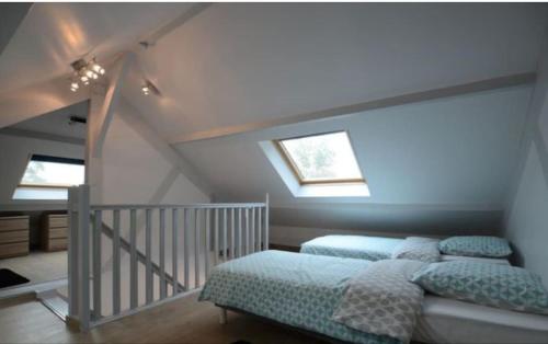 une chambre avec un lit dans un grenier dans l'établissement Gite Des Ameraudes, à Macey