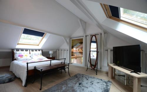 une chambre avec un lit et une télévision à écran plat dans l'établissement Gite Des Ameraudes, à Macey