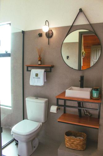 a bathroom with a white toilet and a mirror at D'Alma Chalé com café da manhã in Pomerode