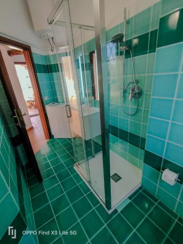 a bathroom with a shower with green tiles at La Terrazza sul Mare in San Teodoro