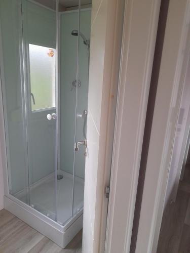 - une douche avec des portes en verre dans la chambre dans l'établissement Mobil home en pleine campagne, à Bardenac