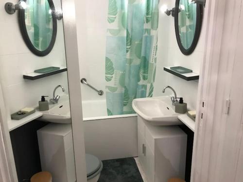 une salle de bain avec deux lavabos et un WC et des miroirs dans l'établissement Secteur Hôpital Universités et centre sportif, à Saint-André-les-Vergers