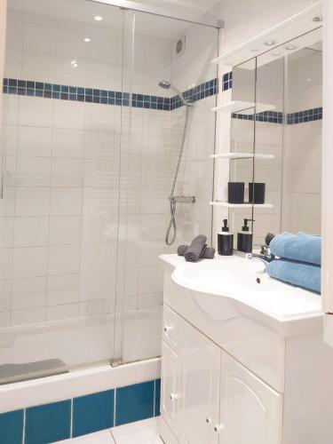 une salle de bain avec un lavabo blanc et une douche dans l'établissement Studio Cabine à 100m de la plage, à La Grande Motte