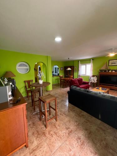 a living room with green walls and a black couch at Casa familiar en la almadraba con espectacular terraza in El Pozo del Cabo