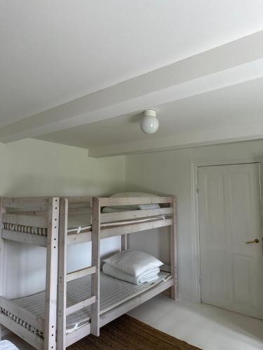 a bunk bed in a room with a door at Charmerende lejlighed på landet med privat skov in Bjergby