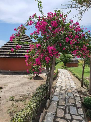 a garden with pink flowers on a stone path at Heritage Safari Lodge in Pakwach East