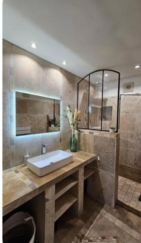 une salle de bain avec un lavabo et un grand miroir dans l'établissement Villa avec piscine privée, à Cadenet