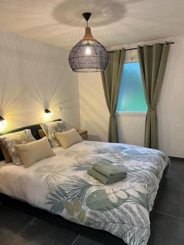 une chambre avec un grand lit avec une fenêtre dans l'établissement Gîte l Ainstant à 2 pas de la rivière, proche CNPE et A42, à Neuville-sur-Ain