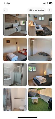 un collage de quatre photos d'une pièce dans l'établissement Maison avec jardin Proche La Rochelle, à Périgny